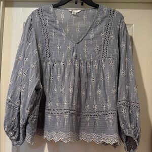 Babydoll Twee FairyCore Prairie Blue Eyelet Y2K Flowy CottageCore Romantic Top L